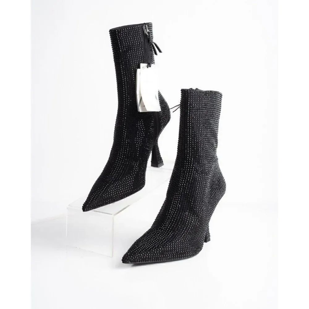 Zara Womens Black Rhinestone Ankle Boots Sparkle Hi heel US 6 EU 36 NWT 2107/010